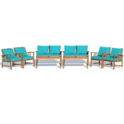 Tangkula 8pcs Wooden Patio Furniture Set Table & Sectional Sofa W/ Turquoise Cushion 21 Tangkula 8pcs Wooden Patio Furniture Set Table & Sectional Sofa W/ Turquoise Cushion -Beauty house GUEST 79695874 48e5 4cdd 9c85 6914844b0f94