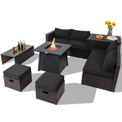 Tangkula 9PCS Outdoor Patio Furniture Set With 30" Propane Fire Pit Table PE Wicker Space-Saving Sectional Sofa Set W/ Storage Box & Cushions 12 Tangkula 9PCS Outdoor Patio Furniture Set With 30" Propane Fire Pit Table PE Wicker Space-Saving Sectional Sofa Set W/ Storage Box & Cushions - Image 10