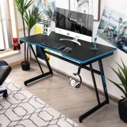 Tangkula Z-Shaped Ergonomic Gaming Desk With Headphone Hook Computer&Office Desk Blue/Red -Beauty house GUEST 7b01c940 e513 47fb be55 04fa772799d3