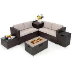 Tangkula 6 Piece Patio Sofa & Fire Table Set Outdoor Rattan Sectional Sofa Set W/ Storage Box Beige -Beauty house GUEST 7b07a225 bbee 44a5 a7e8 0a18b12e2f47