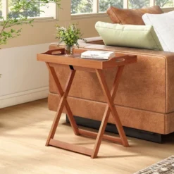 Tangkula Patio Solid Wood Tray Table W/ Removable Top Rectangular TV Tray Bistro Table