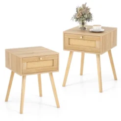 Tangkula 2 PCS Nightstand Bedside Sofa Table With Rattan Drawer For Bedroom & Living Room -Beauty house GUEST 7b3befdc b969 4b56 984f b6992803205a