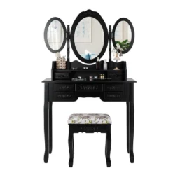 Tangkula Tri-Folding Mirror Vanity Makeup Set Dressing Table & Stool Unit W/ 7 Drawer -Beauty house GUEST 7b46e1a1 f79d 4802 968a 2b735d15a0ea