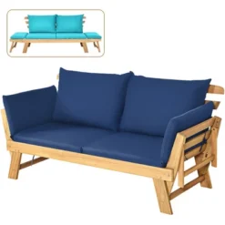 Tangkula Adjustable Patio Sofa Daybed Acacia Wood Furniture W/ Navy & Turquoise Sets Cushion -Beauty house GUEST 7b653af1 ade7 4e1a a1a2 263690dbd5c6