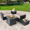 Tangkula 5-Piece Outdoor Patio Furniture Set With 50,000 BTU Propane Fire Pit Table Patio Conversation Set W/ Cushions, Storage Box, Coffee Table