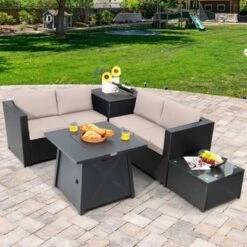 Tangkula 5-Piece Outdoor Patio Furniture Set With 50,000 BTU Propane Fire Pit Table Patio Conversation Set W/ Cushions, Storage Box, Coffee Table