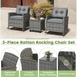 Tangkula Set Of 3 Wicker Rocking Set Patio W/ Tempered Glass Table & Soft Cushions -Beauty house GUEST 7dc80dc7 869a 4fea abb8 6ae23c399c4d
