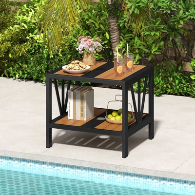 Tangkula Outdoor Side Table 2-Tier Coffee End Table W/ 1.57" Umbrella Hole Storage Shelf 3 Tangkula Outdoor Side Table 2-Tier Coffee End Table W/ 1.57" Umbrella Hole Storage Shelf