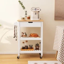 Tangkula 3-Tier Kitchen Island Cart Rolling Service Trolley W/ Bamboo Top Shelves