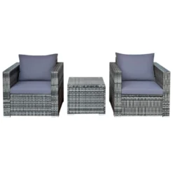 Tangkula 3-Piece Patio Wicker Conversation Set Bistro Rattan Sofa Chair With Washable Cushion Gray -Beauty house GUEST 7fb0db03 9ee1 4f53 bce2 a6f6bafb2b05
