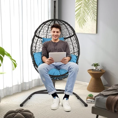 Tangkula Hanging Hammock Chair Egg Swing Chair W/ Blue Cushion Pillow Stand 5 Tangkula Hanging Hammock Chair Egg Swing Chair W/ Blue Cushion Pillow Stand - Image 3