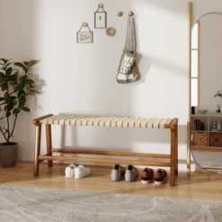 Tangkula 47" Long Teak Wood Patio Bench W/Weave Seat Solid Wood Legs Backless For Porch -Beauty house GUEST 817f9429 9e21 4fdd 8a7b 56d4229f83f0