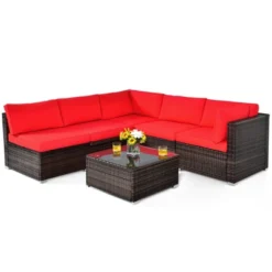 Tangkula 6PCS Wicker Patio Sectional Conversation Furniture Set With Coffee Table & Seat Cushions Navy/Black/Turquoise/Red -Beauty house GUEST 81e37799 8382 47fe 9941 ec54db4fb57a