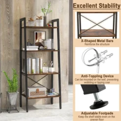 Tangkula 4-Tier Ladder Bookshelf Industrial Wooden Bookcase With Metal Frame Anti-Toppling Device Rack Rustic Brown/Gray Oak -Beauty house GUEST 82984a85 fbc9 4a2c af7c 152bb274eee3