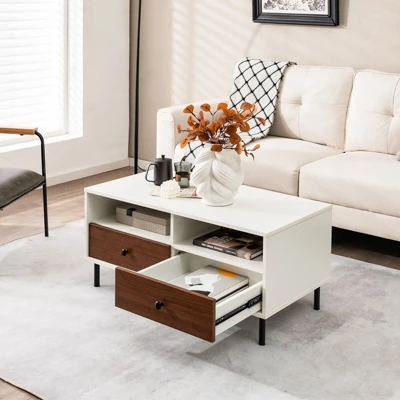 Tangkula Coffee Table Modern Rectangle W/ Storage Shelf & Drawers Living Room Furniture 4 Tangkula Coffee Table Modern Rectangle W/ Storage Shelf & Drawers Living Room Furniture - Image 2