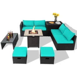 Tangkula 9 Pieces Outdoor PE Rattan Wicker Sectional Sofa With 42" Gas Fire Pit Table Space-Saving Patio Conversation Set With Storage Box Black/Grey/Navy/Red/Turquoise/Off White -Beauty house GUEST 838f7850 296b 49d4 ade0 a38aff7c042b