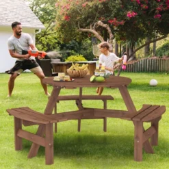 Tangkula 6-Person Round Picnic Table Set W/ 3 Built-in Benches 2" Umbrella Hole -Beauty house GUEST 83f49ac6 472e 41dd 8e08 7ea12bd74e4b