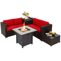 Tangkula 5-Piece Patio Furniture Set With 30 Inches Gas Fire Pit Table Outdoor PE Wicker Sectional Sofa Set With Cushions Red/Beige/Navy/Turquoise -Beauty house GUEST 83f6d0f7 1a26 48cf 92cb 99552a2061c3
