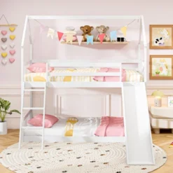 Tangkula Twin Over Twin House Bunk Bed W/ Slide Solid Wood Low Bunk Bed For Kids White -Beauty house GUEST 84a469d3 2241 4ddd 9809 4b1ae086c6fa