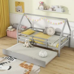 Tangkula Twin Size House Bed W/ Trundle Wooden Kids Bed W/ Safety Rails & Decorable Roof