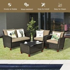 Tangkula 4PCS Cushioned Rattan Conversation Set W/ Coffee Table Patio Outdoor 15 Tangkula 4PCS Cushioned Rattan Conversation Set W/ Coffee Table Patio Outdoor -Beauty house GUEST 86592a9c 72cc 46bd b57c b8303015d4bc