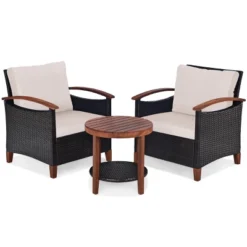Tangkula 3-Piece Patio Rattan Bistro Set Acacia Wood Frame Sofa And Side Table -Beauty house GUEST 86c8607f 9aab 4bcc a39d 1a649476e90d