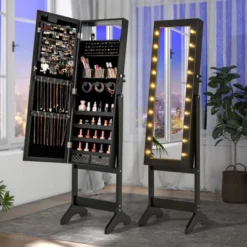 Tangkula Jewelry Armoire Cabinet Standing Lockable Jewelry Organizer With Lighted Full-Length Mirror Black/Rustic Brown/White -Beauty house GUEST 86ce8687 aba1 41a7 b7de d12caeede512