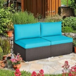 Tangkula 2PCS Patio Wicker Rattan Sectional Armless Chair Sofa W/ Turquoise Cushion -Beauty house GUEST 879d6401 667b 4f1f 9e0b 91fe66c03980