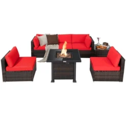 Tangkula Patio Rattan 7PCS Cushioned Chair Set Furniture Set Thick Cushion W/ 50,000 BTU Propane Fire Pit Table For Garden Black/Navy/Red/Turquoise/Off White -Beauty house GUEST 8809d78c 8351 4185 bded 950e58476cd3