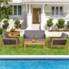 Tangkula 4PCS Patio Acacia Wood Furniture Set PE Rattan Conversation Set W/ Grey Cushions -Beauty house GUEST 884b64e0 6a6f 4efe 8231 c540777a3816