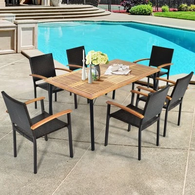 Tangkula 7 PCS Patio Rattan Dining Furniture Set Armrest Chairs Wooden Table 3 Tangkula 7 PCS Patio Rattan Dining Furniture Set Armrest Chairs Wooden Table