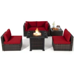 Tangkula 6 Piece Patio Wicker Conversation Set, Outdoor Rattan Sofa Set W/ 32" Propane Fire Pit Table, 50,000 BTU Heat, Tempered Glass Tabletop Black/Navy Blue/Red/Turquoise/Off White -Beauty house GUEST 899f0cd1 e20e 4dee ba72 14b174e33fee