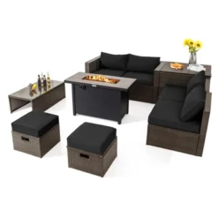 Tangkula 9 Pieces Outdoor Patio Furniture Set With 42" Propane Fire Pit Table Outdoor PE Wicker Space-Saving Sectional Sofa Set Black/Gray/Navy/Red/Turquoise/Off White -Beauty house GUEST 8a18399d e6bc 4d84 bb09 398fbec2fbc4