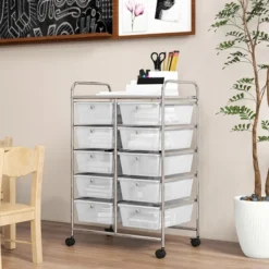 Tangkula 10-Drawer Rolling Storage Cart Tools Scrapbook Paper Organizer On Wheels Clear