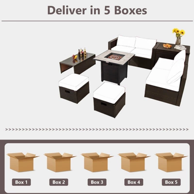 Tangkula 9 PCS Outdoor Patio Furniture Set W/ 30" Propane Fire Pit Table PE Wicker Space-Saving Sectional Sofa W/ Storage Box And Cushions Black/Gray/Navy/Red/Turquoise/Off White 5 Tangkula 9 PCS Outdoor Patio Furniture Set W/ 30" Propane Fire Pit Table PE Wicker Space-Saving Sectional Sofa W/ Storage Box And Cushions Black/Gray/Navy/Red/Turquoise/Off White - Image 3