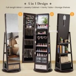Tangkula 360° Swivel Jewelry Cabinet W/ Mirror Jewelry Storage Organizer Built-in Lights Dark Brown -Beauty house GUEST 8b94d613 ec73 49b3 9fc2 a5eef7910cf8