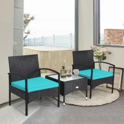 Tangkula 3 PCS Patio Wicker Rattan Furniture Set Coffee Table & 2 Rattan Chair W/ Cushion Turquoise -Beauty house GUEST 8ca40fcf eeb2 4db7 ab37 ccbfa79aa038