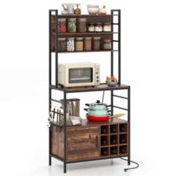 Tangkula 67" Bakers Rack W/ Power Outlet Coffee Bar Cabinet W/ S-Shaped Hooks -Beauty house GUEST 8e9f018e 5d97 4171 a2bb 8aadfe014091