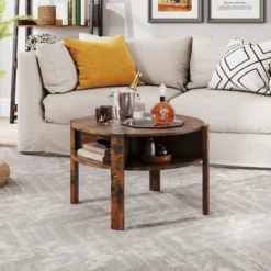 Tangkula 29.5" 2-Tier Round Coffee Table W/ Storage 4 Shelves Faux Wooden Top -Beauty house GUEST 8ea00a41 3a6f 475b 9679 45af35a2f32c