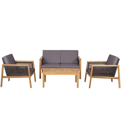 Tangkula 4PCS Patio Acacia Wood Furniture Set PE Rattan Conversation Set W/ Grey Cushions 12 Tangkula 4PCS Patio Acacia Wood Furniture Set PE Rattan Conversation Set W/ Grey Cushions - Image 10