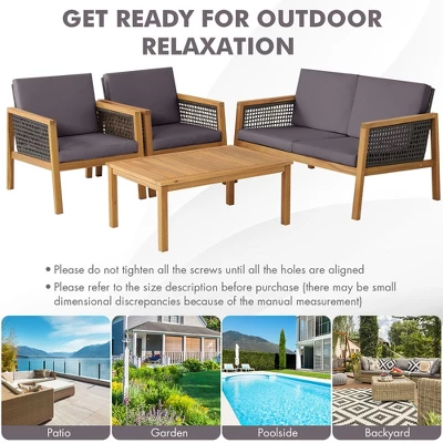 Tangkula 4PCS Patio Acacia Wood Furniture Set PE Rattan Conversation Set W/ Grey Cushions 6 Tangkula 4PCS Patio Acacia Wood Furniture Set PE Rattan Conversation Set W/ Grey Cushions - Image 4