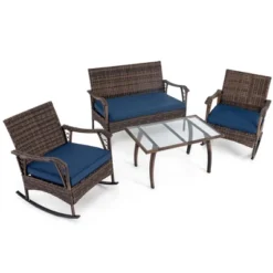 Tangkula Set Of 4 Wicker Rocking Set 2 Patio Rattan Rocker Chairs W/Loveseat & Coffee Table Heavy-Duty Metal Frame & Bungee Rope Seat Navy -Beauty house GUEST 8fad3d6d d359 4e5b a647 97792a7fa61d