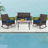 Tangkula Set Of 4 Wicker Rocking Set 2 Patio Rattan Rocker Chairs W/Loveseat & Coffee Table Heavy-Duty Metal Frame & Bungee Rope Seat Navy