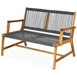 Tangkula 2-Person Outdoor Acacia Wood Bench Patio Loveseat Rope Bench Grey -Beauty house GUEST 90be4372 8c29 426c 865c c0e700de1729
