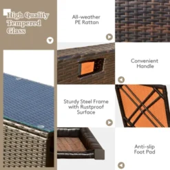 Tangkula 8 PCS Outdoor Wicker Furniture Set W/Storage Box Tempered Glass Table 2 Ottomans