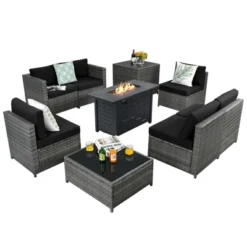 Tangkula 9 PCS Rattan Dinning Set Wicker Sofa W/Propane Gas Fire Pit 60,000 Btu Heater -Beauty house GUEST 91395b61 f6a6 4db6 b581 22ed06856832
