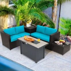 Tangkula 5PCS Patio Rattan Furniture Set Fire Pit Table W/ Cover Storage Cushion -Beauty house GUEST 9173948e 11f4 450a a9bd 2d3b1ee83d11