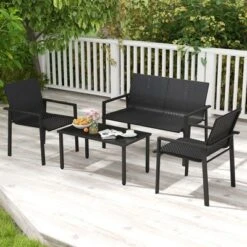 Tangkula 4 PCS Patio Furniture Set Heavy Duty Galvanized Metal Frame Wicker Table Black -Beauty house GUEST 924ae0f7 65a0 4401 a9b9 d050773e884f