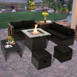 Tangkula 9 Pieces Outdoor Patio Furniture Set With 35" Propane Fire Pit Table Wicker Sectional Sofa Set W/ Storage Box Black/Gray/Navy/Red/Turquoise/Off White