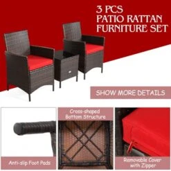 Tangkula 3 Pieces Patio Rattan Conversation Furniture Wicker Chairs With Coffee Table & Cushions Red/Blue/White -Beauty house GUEST 93af2813 3b5a 40d2 81ad a07b0daa3204